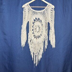 Boho Festival Indie crochet overlay with fringe on hems and sleeves, Size L